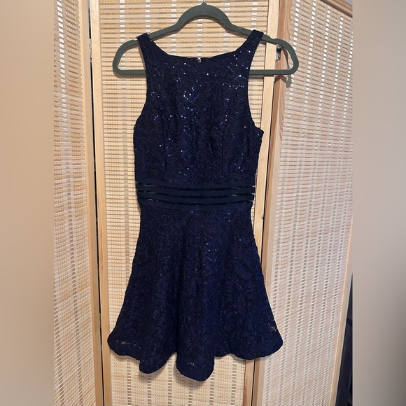 Speechless Navy Lace Sequin Fit & Flare Mini Dress - Picture 3 of 11